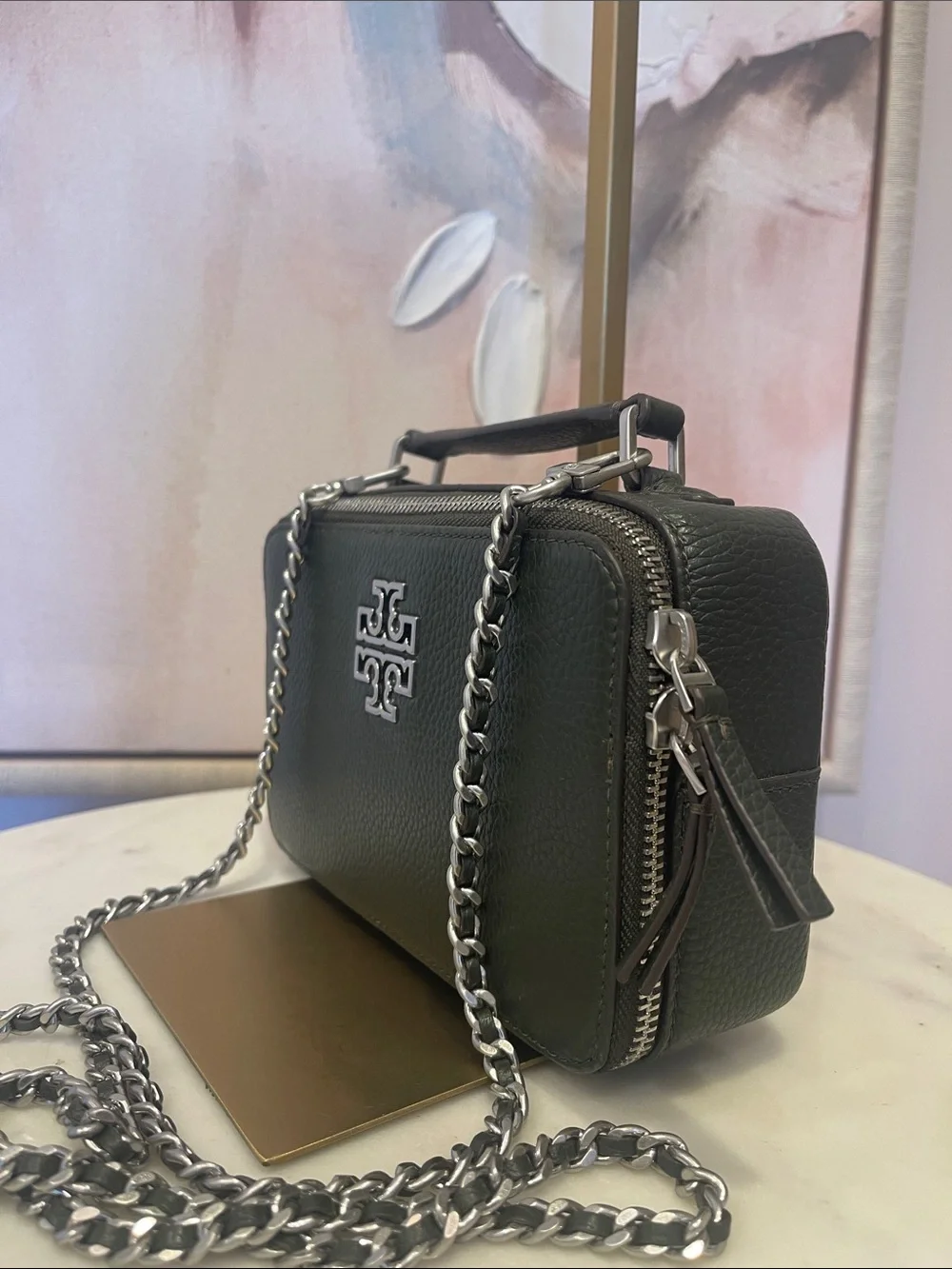 Tory Burch Dark Green Britten Leather Top-Handle Bag with Chain